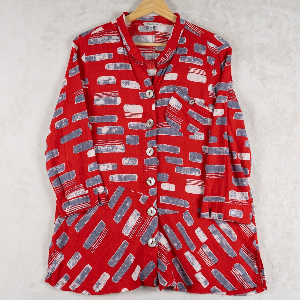 JOHN MARK Women Red Abstract Print Button Up Shirt‎ Top M Art to Wear 50% Cotton
